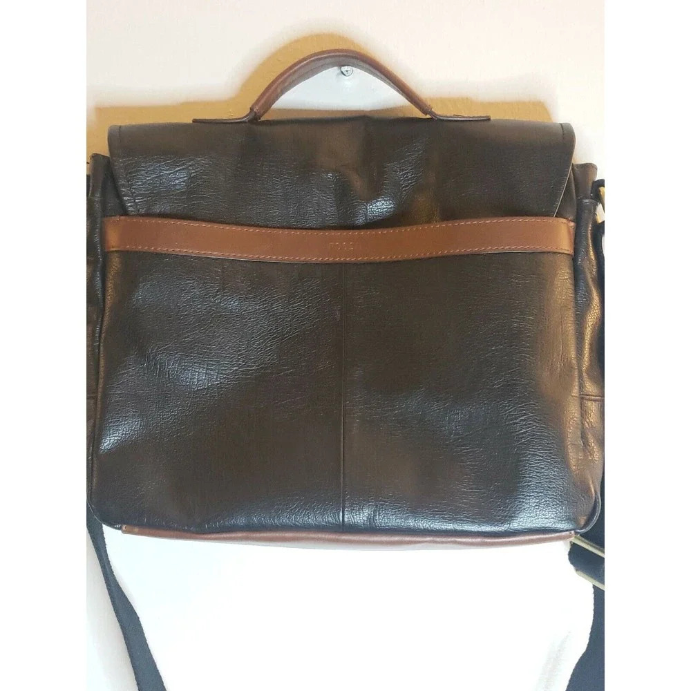 Fossil Evan Leather Commuter Crossbody Bag Black Brown Push Lock Closure 10x4" - Picture 5 of 10
